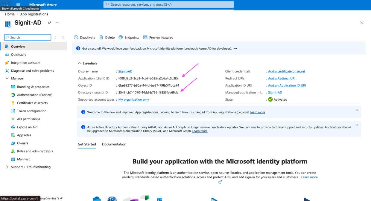 انسخ Client ID وTenant ID من صفحة Overview للتطبيق