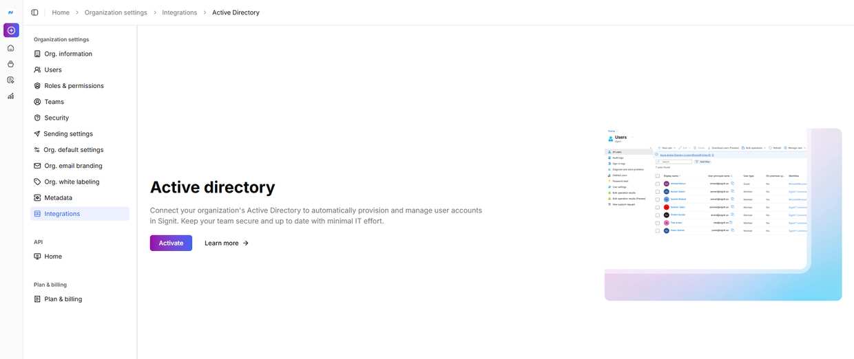The Active Directory integration page — click Activate to start the wizard