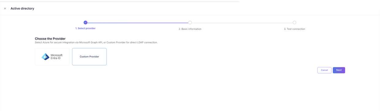 Step 1 — choose Microsoft Entra ID or Custom Provider