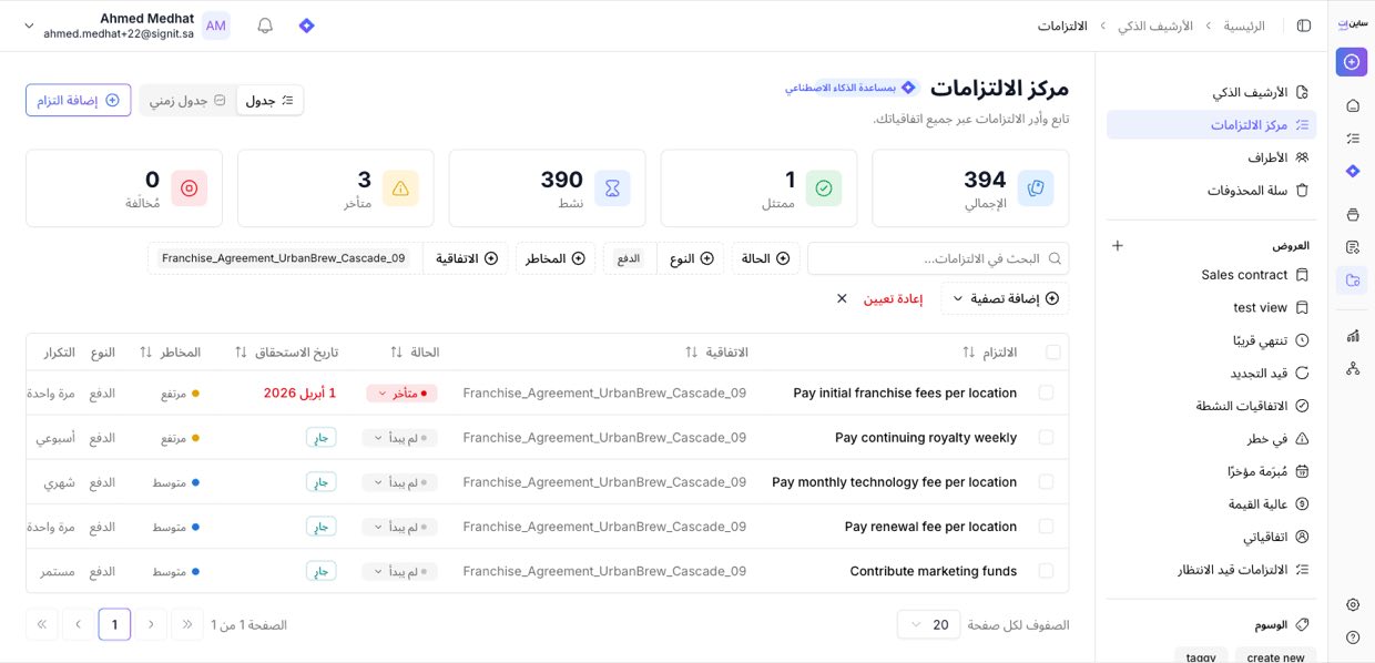 مركز الالتزامات — كل التزام مُتابَع حسب حالته