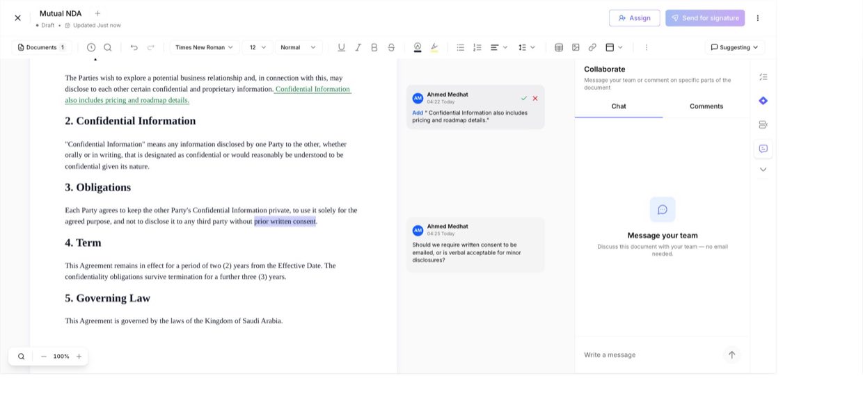 Chat tab — discuss the document with your team, no email needed