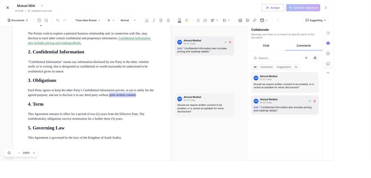 The Collaborate panel keeps every comment and suggestion, with filters and search