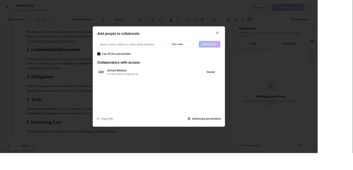 Share from the ⋮ menu — add collaborators and set their permission level