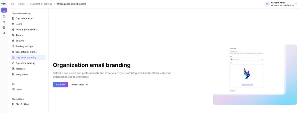 Organization email branding — click Activate