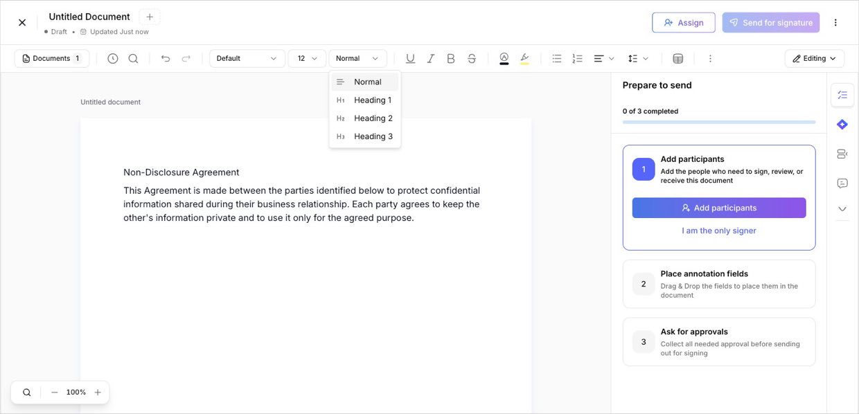 Block type turns any line into a heading — structure a long agreement in seconds