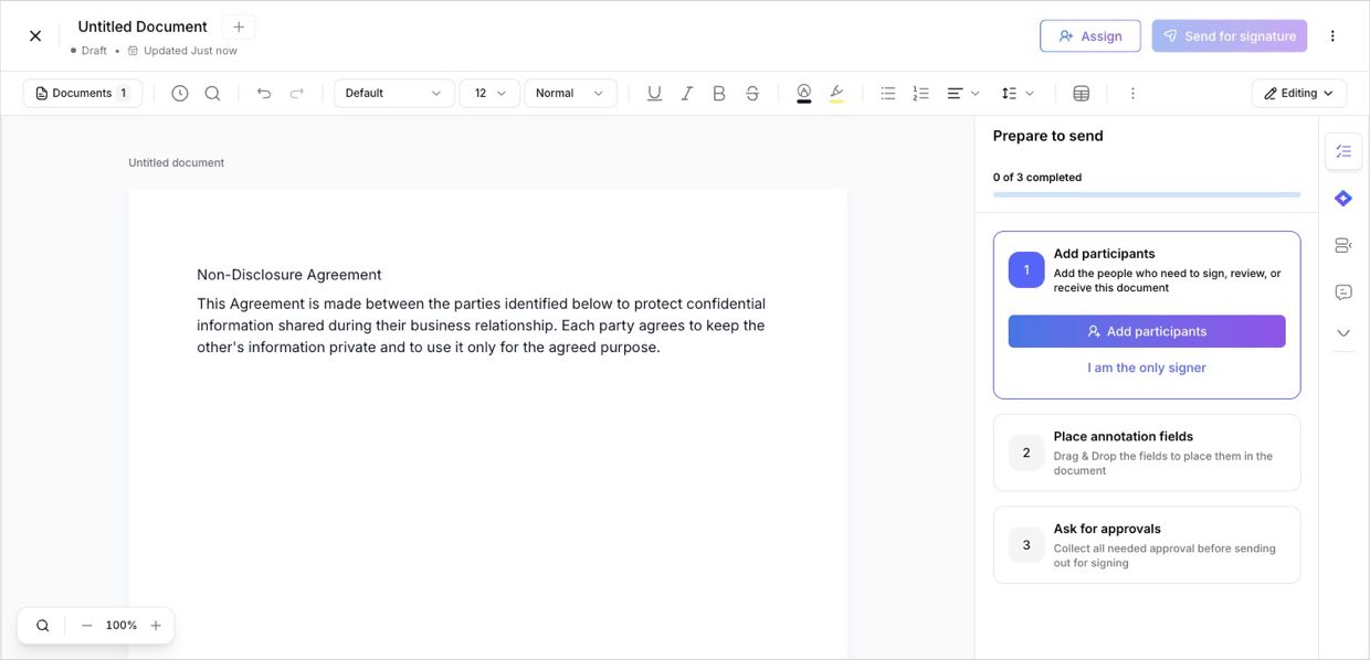 The editor — a full word processor, with your document on the left and the send checklist on the right