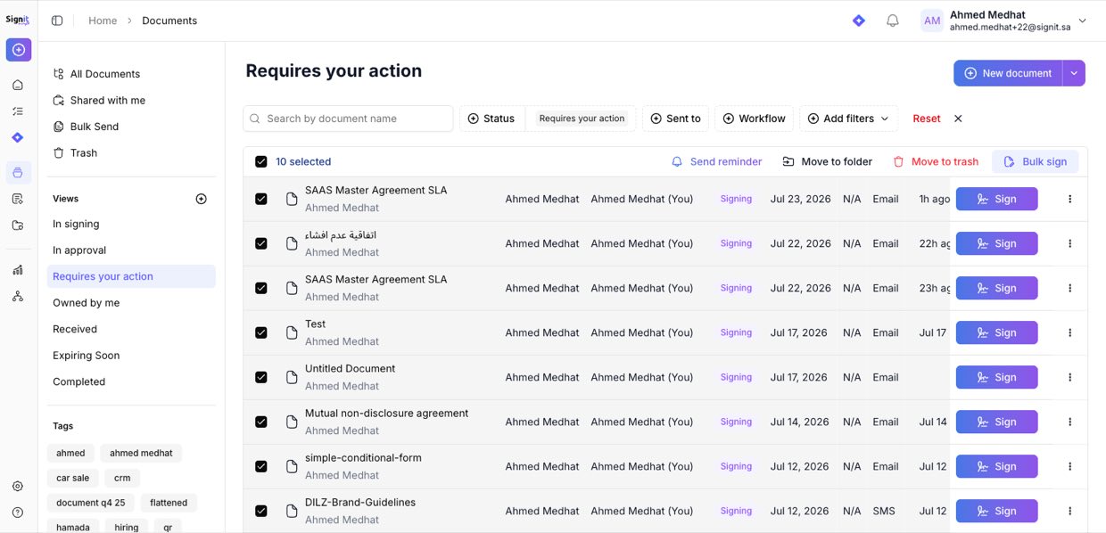 Select the pending documents, then click Bulk sign