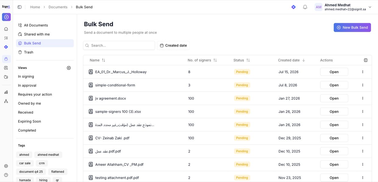 The Bulk Send hub — start and track bulk requests
