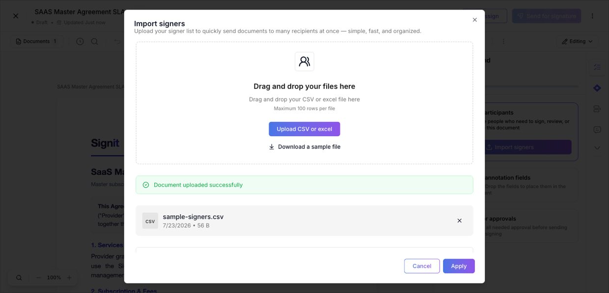 Upload your signer list (CSV or Excel) — up to 100 rows