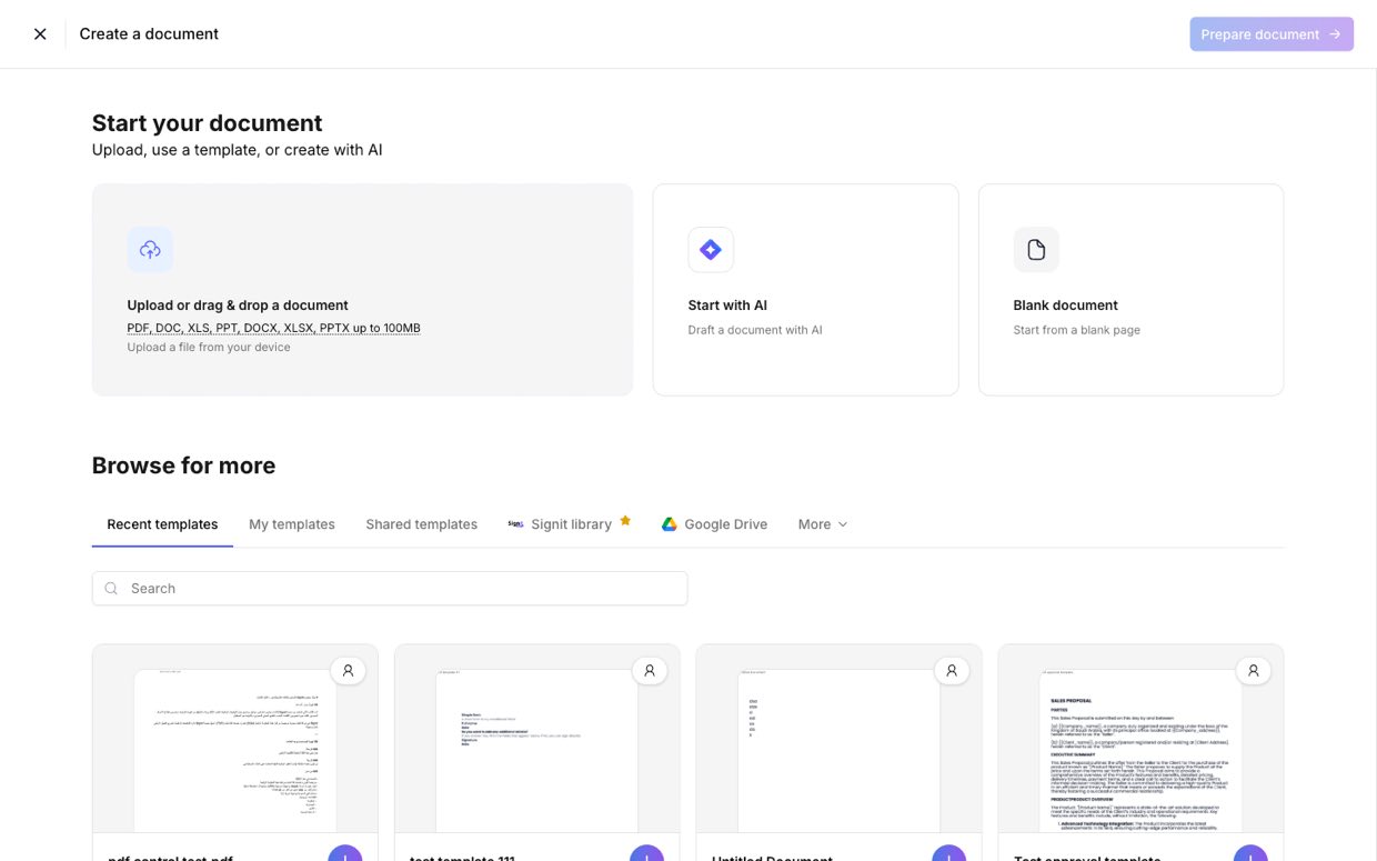 Start your document — upload, use a template, start with AI, or go blank