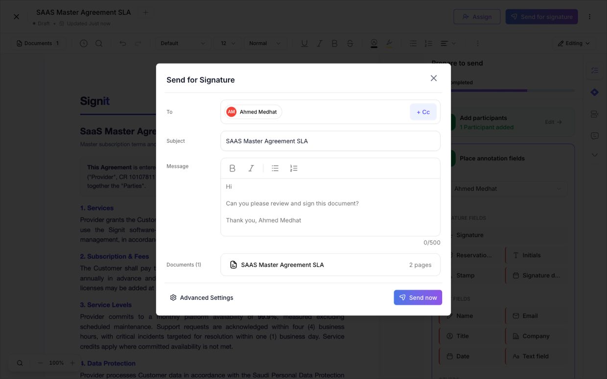 Review the recipients and message, then send