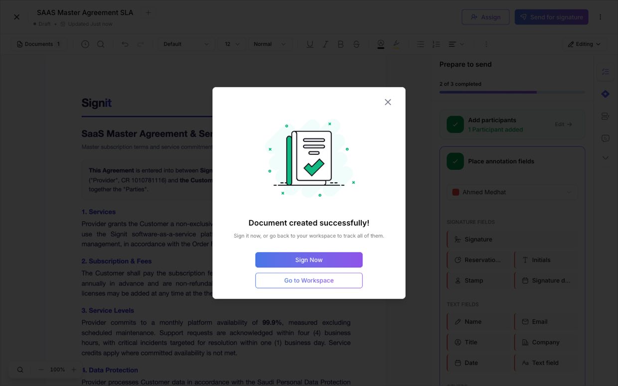 Document created — the signature request is on its way