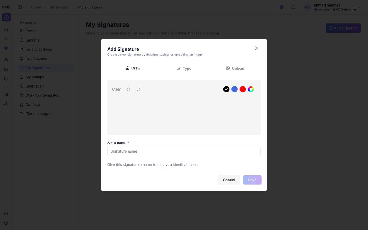 Add signature — draw, type, or upload