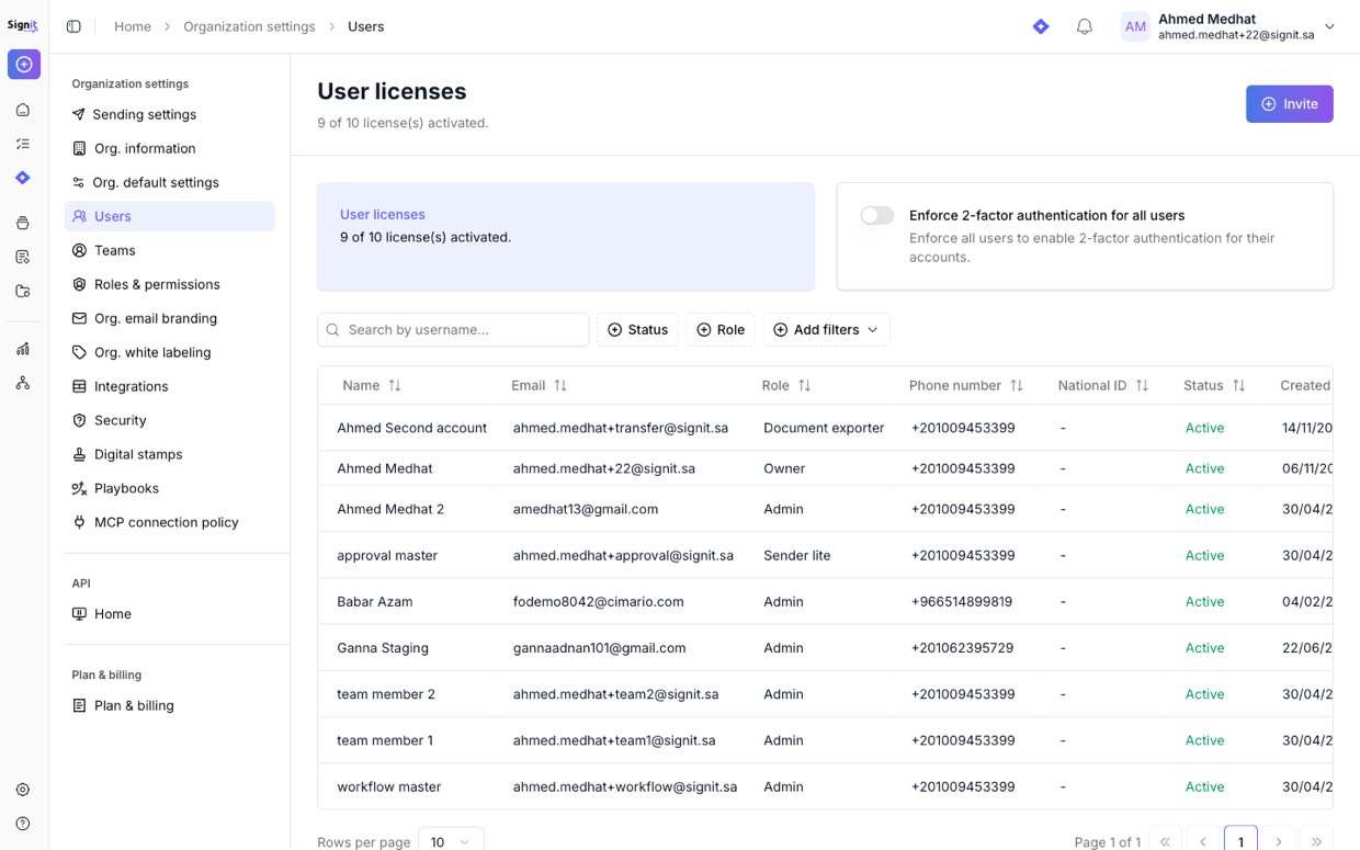 Organization settings — User licenses