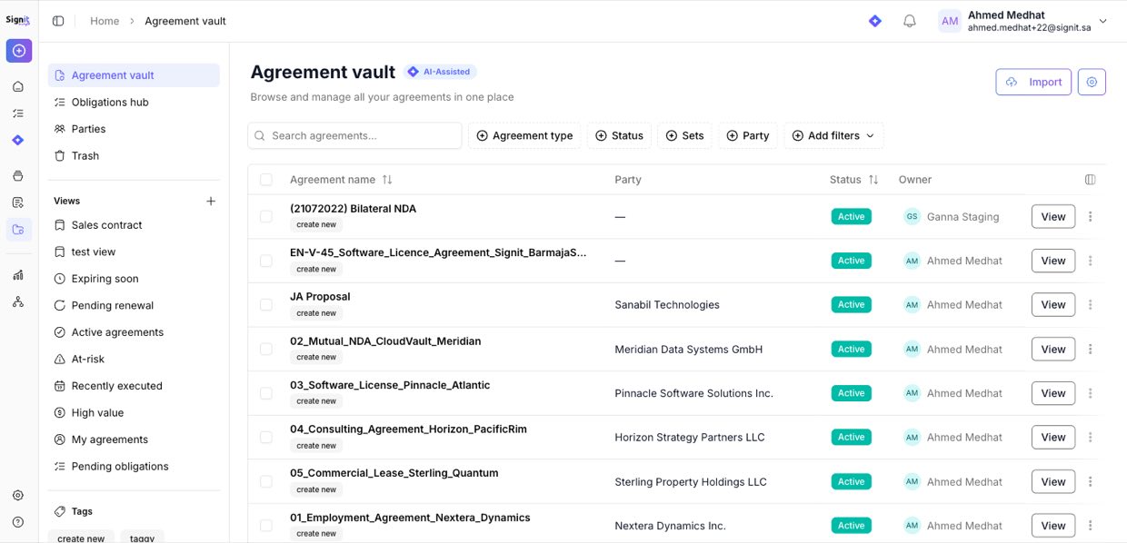 The Agreement vault, with lifecycle views in the sidebar