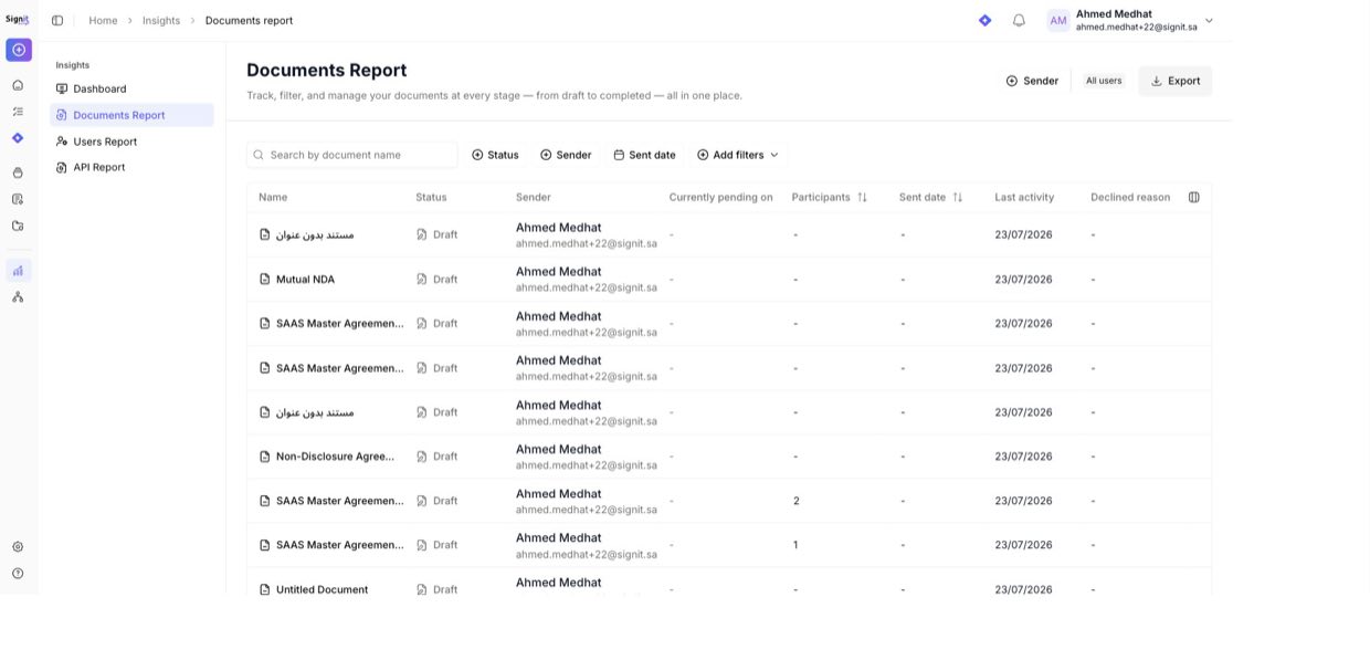 Documents report — filter by status, sender, or date, then export to CSV