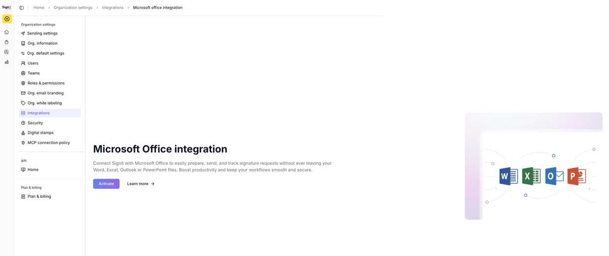 Organization settings → Integrations → Microsoft Office integration, before activation