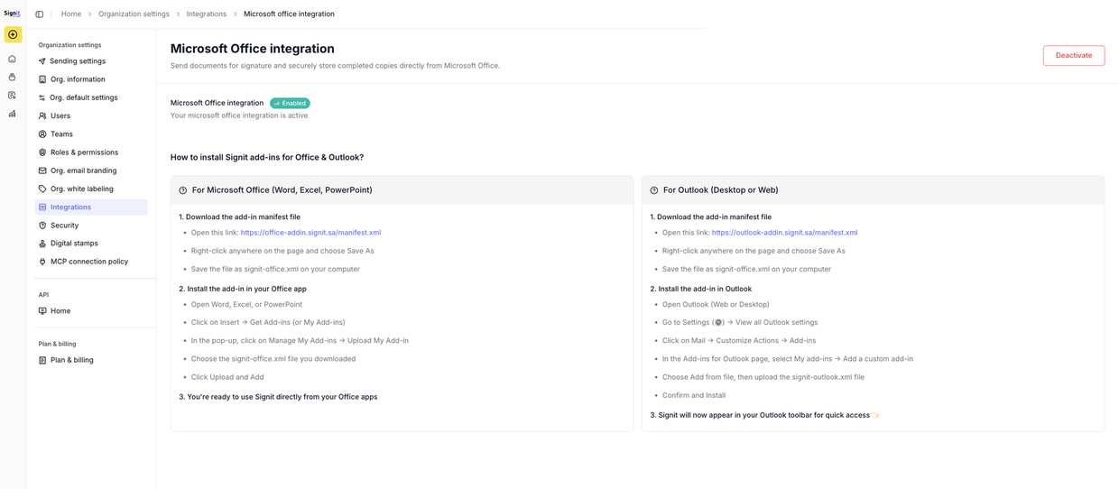 After activation, the page shows both sets of installation instructions and manifest links