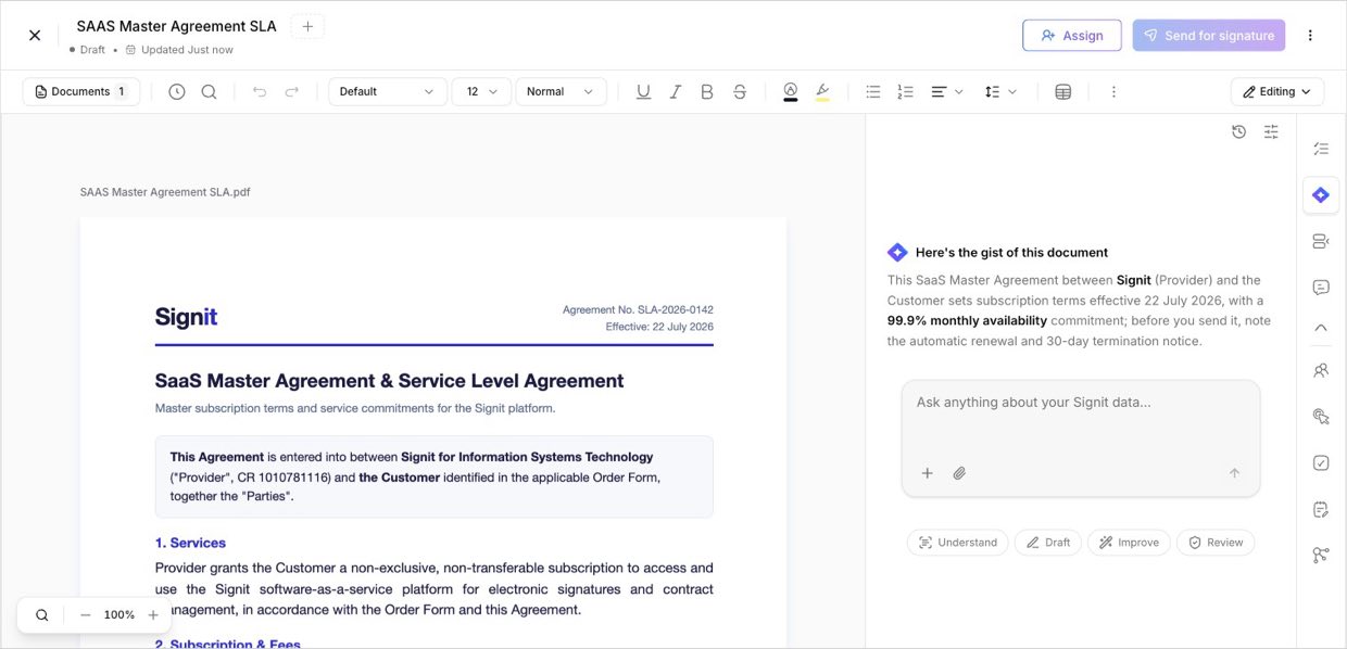 AI assistant — an auto-summary, a chat box, and Understand / Draft / Improve / Review