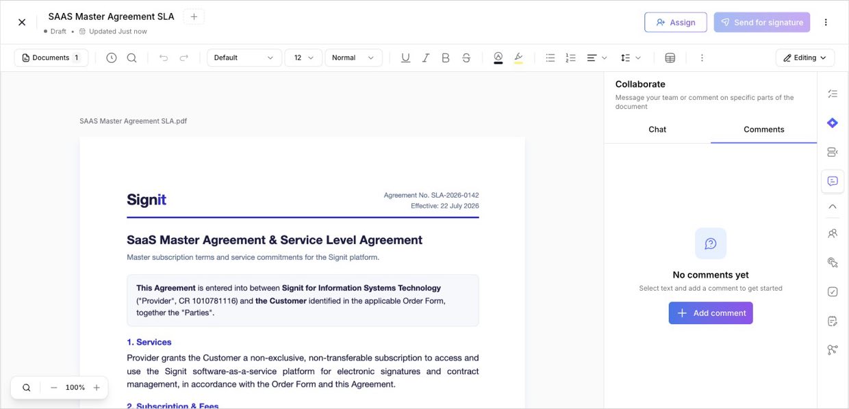 Comments — team chat plus inline comments anchored to the text