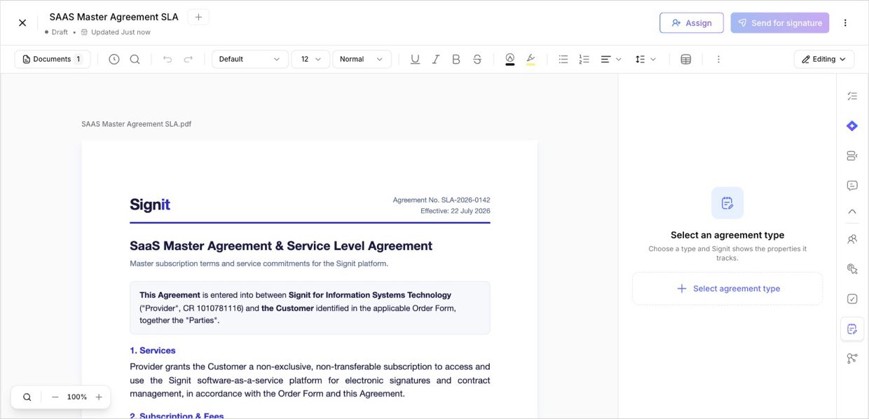 Properties — pick an agreement type and Signit tracks its key details