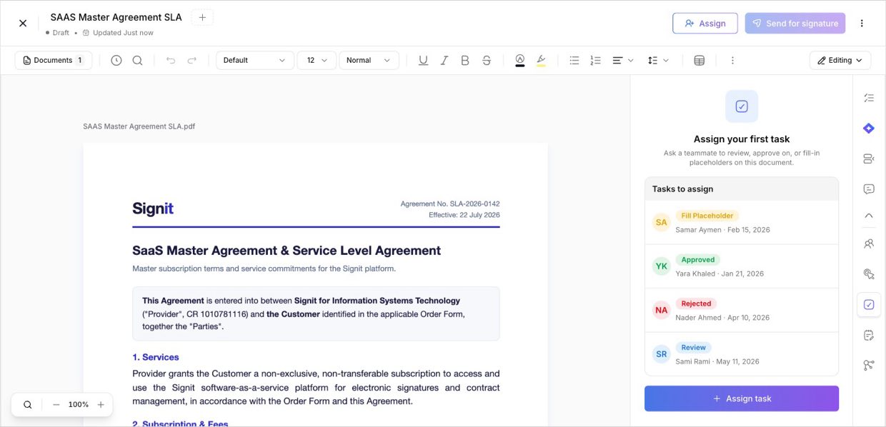 Tasks — ask a colleague to review, approve, or fill in placeholders
