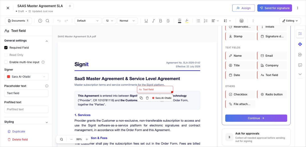 A field's properties: assign it to a signer and toggle Required Field