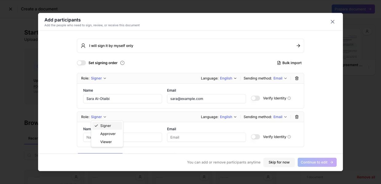 Pick a role for each participant from the Role dropdown