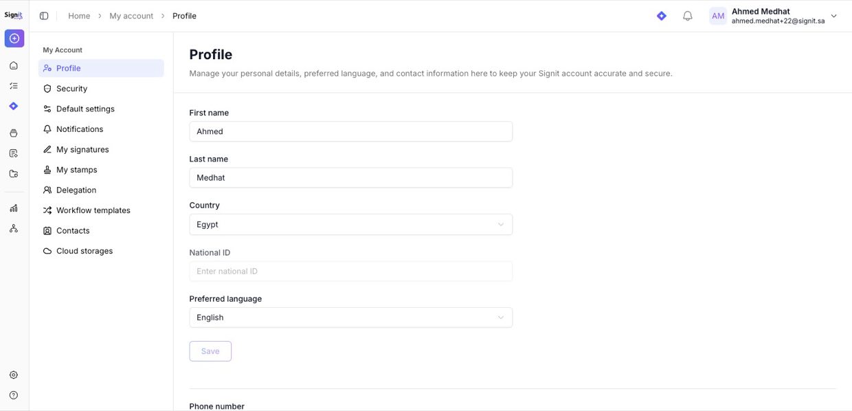 Settings → My account → Profile — edit your details, then Save