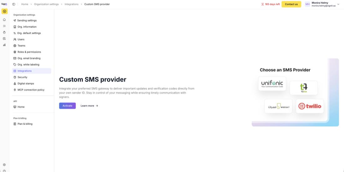 The Custom SMS provider page — click Activate