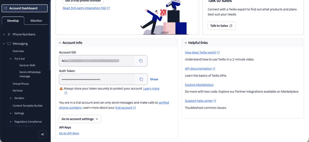 لوحة Twilio ← Account Info: معرف الحساب ورمز المصادقة