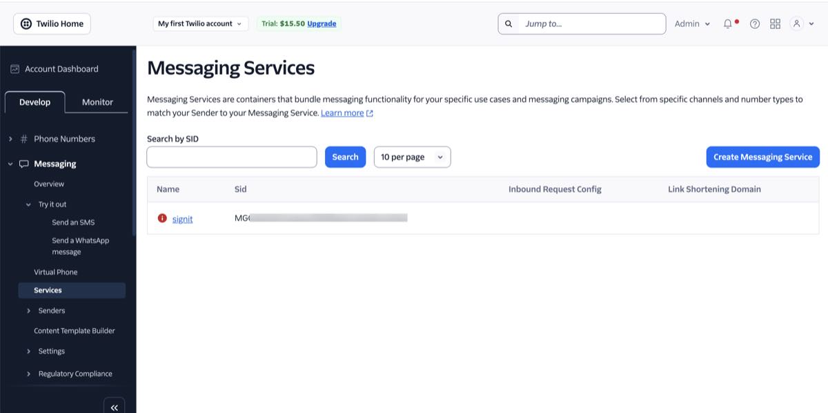 لوحة Twilio ← Messaging ← Services: معرف خدمة الرسائل (يبدأ بـ MG)