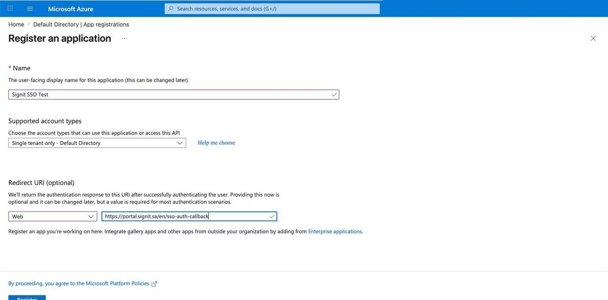 تسجيل التطبيق في Azure