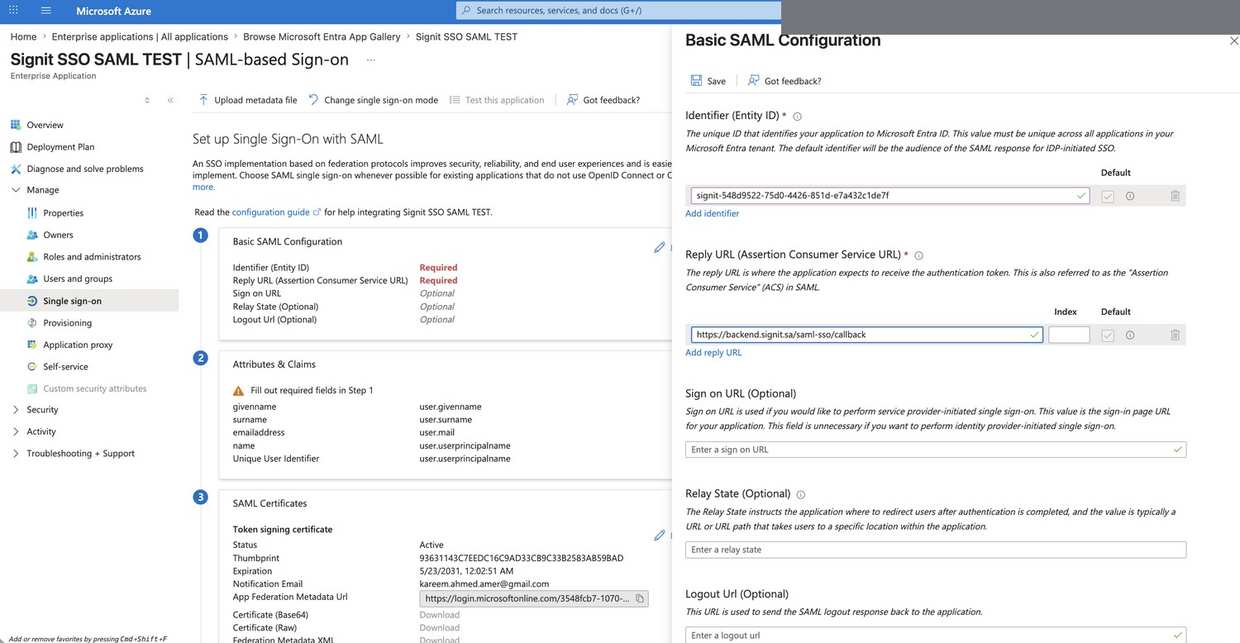 إعداد SAML الأساسي في تطبيق Azure Enterprise