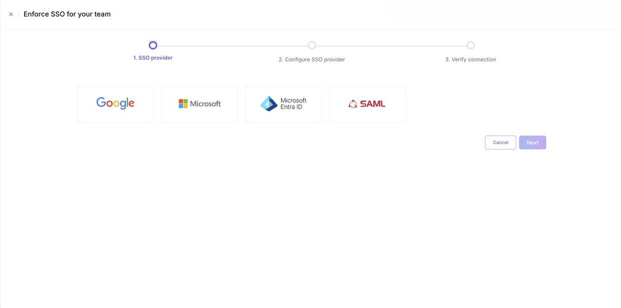 Step 1 — choose Google, Microsoft, Microsoft Entra ID, or SAML