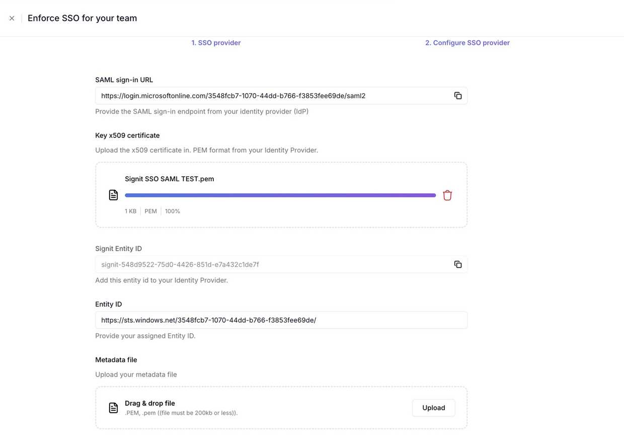 Signit's SAML form filled with the IdP values