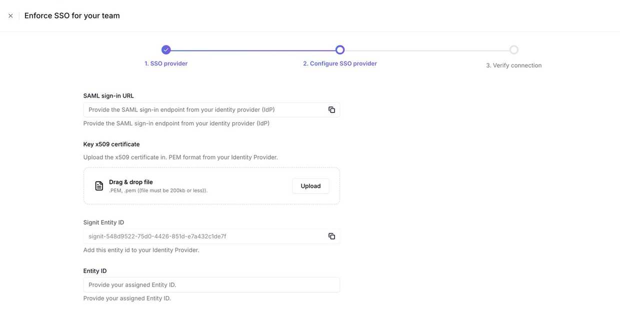Signit's SAML configuration form — copy the values your IdP needs