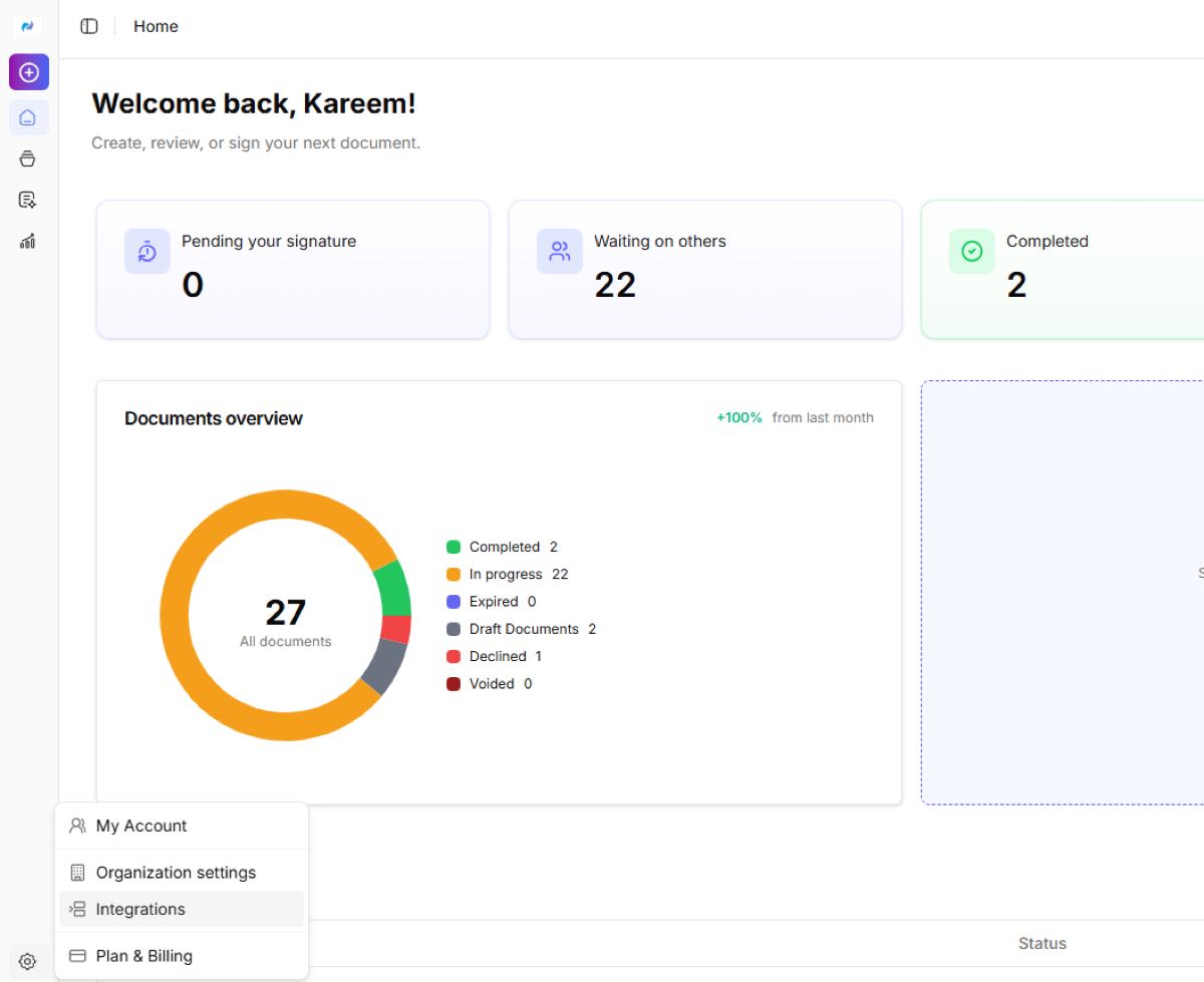 Integrations in the side menu