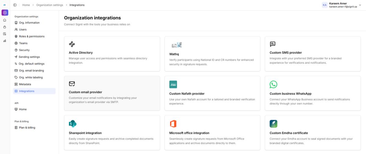 Organization integrations — the Custom email provider card