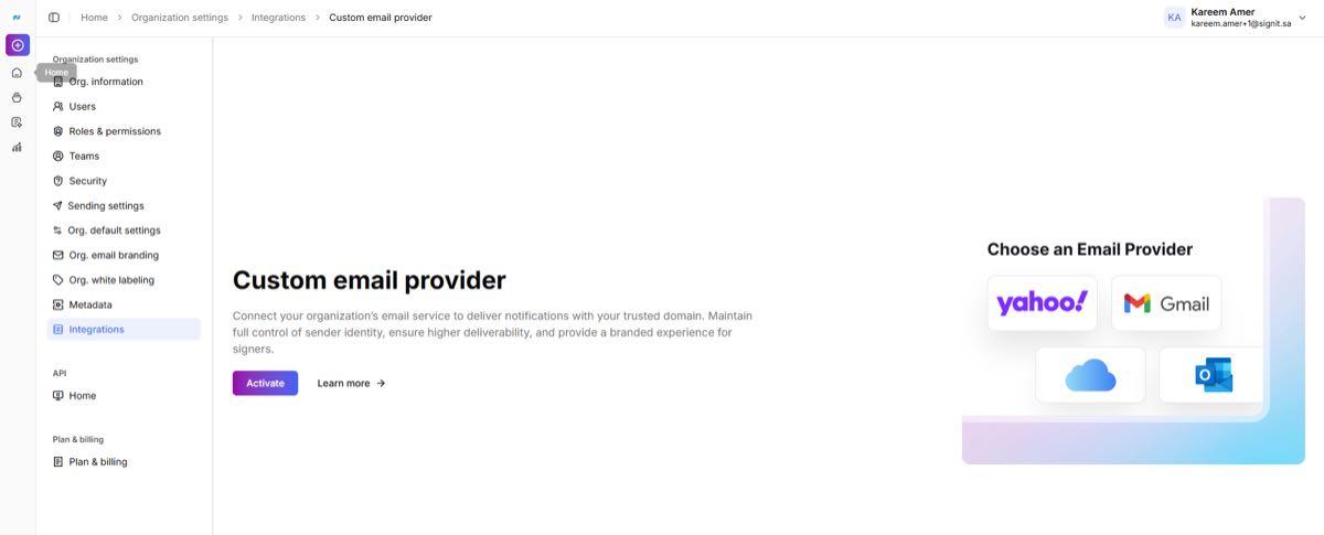 Custom email provider — click Activate