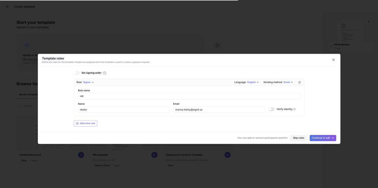 Defining a role on a template — with optional default name and email