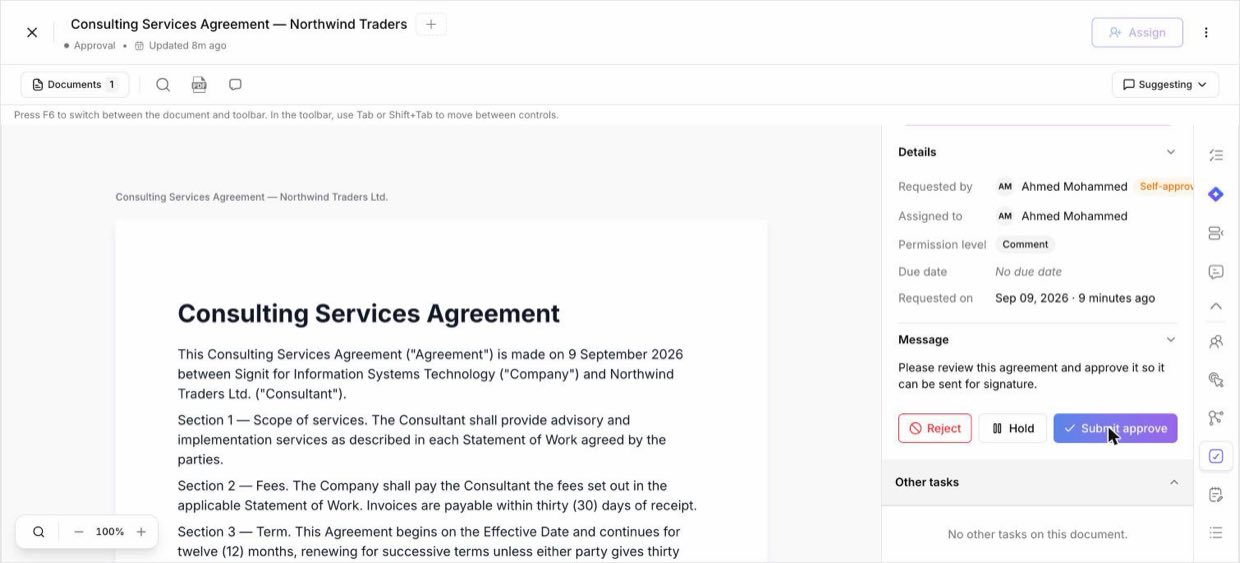 The approver's view — the message, with Reject, Hold, and Submit approve
