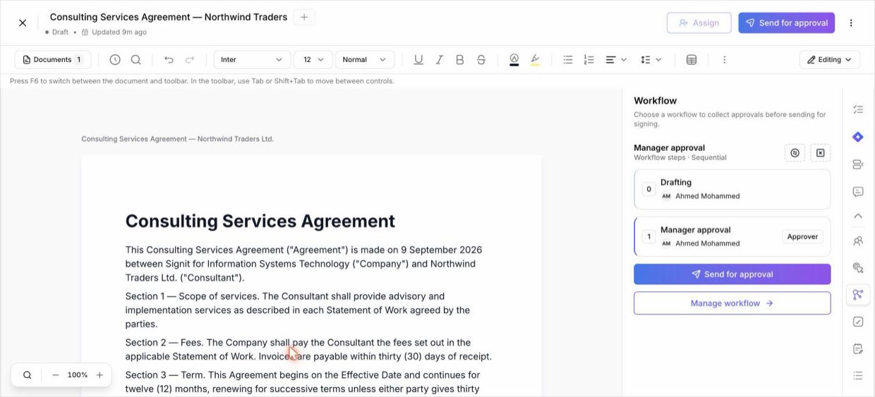 The Workflow panel — a one-step Manager approval workflow attached