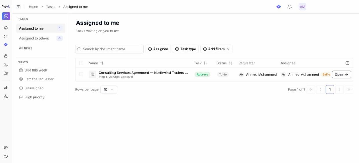 The approver's Tasks → Assigned to me — the pending approval