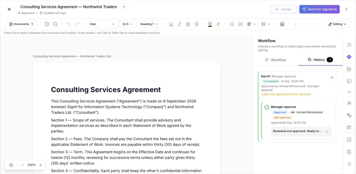 The History tab — the completed approval, ready to send for signature