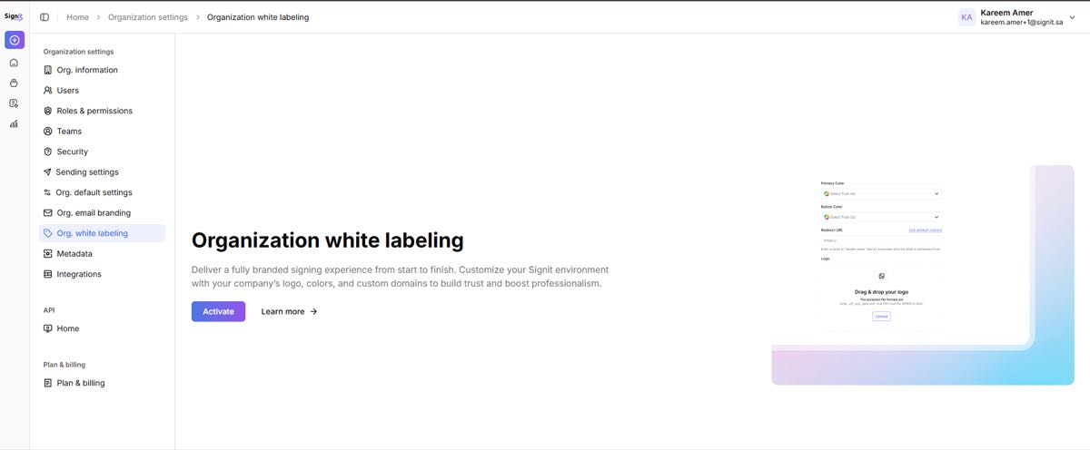 Organization white labeling — click Activate