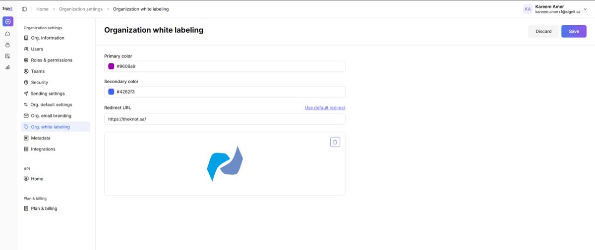 Set brand colors, redirect URL, and logo